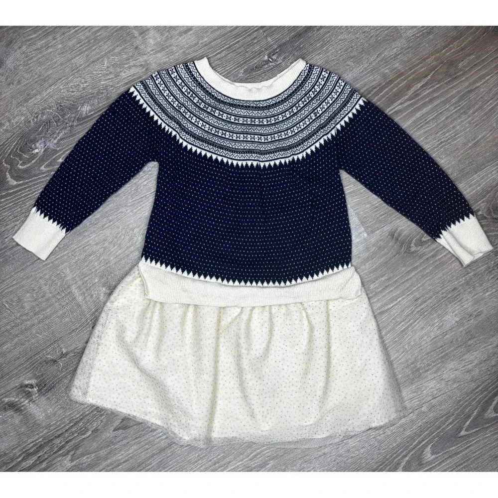BabyGap Girls Sweater Dress Fair Isle Long Sleeve Navy Cream Tulle Skirt 4 Years